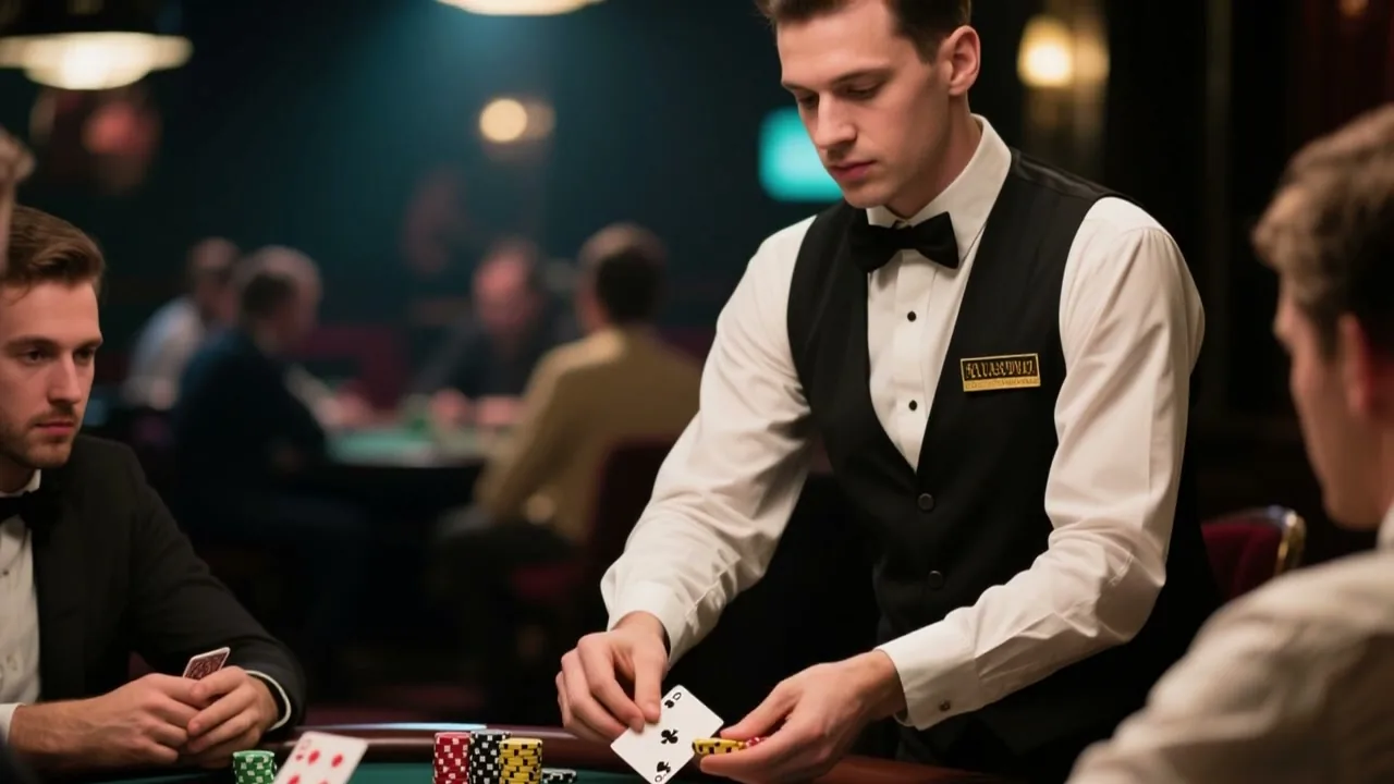 Crupier real dirigiendo una mesa de casino en vivo